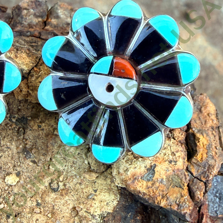 SIgned Zuni Sun God Pierced Post Earrings Inlay Turquoise Jet pierced post earrings