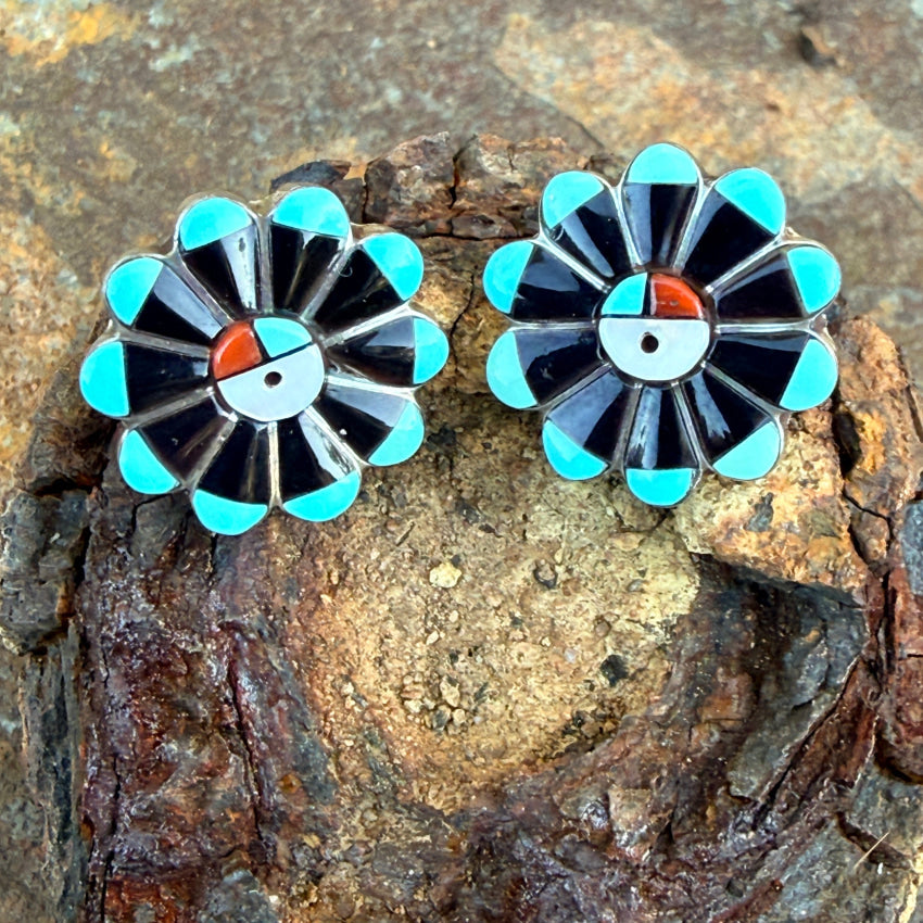 SIgned Zuni Sun God Pierced Post Earrings Inlay Turquoise Jet pierced post earrings