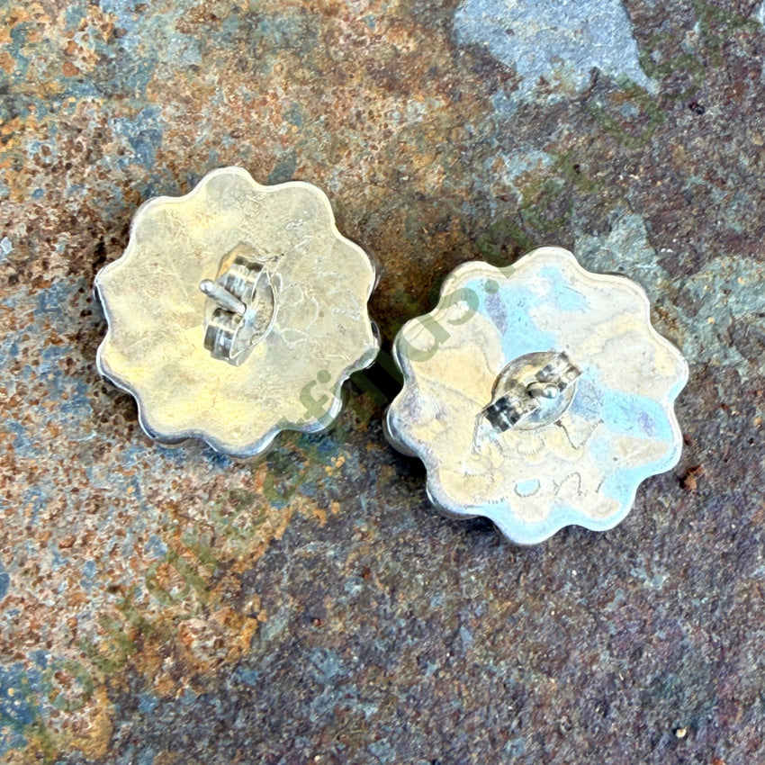 SIgned Zuni Sun God Pierced Post Earrings Inlay Turquoise Jet pierced post earrings