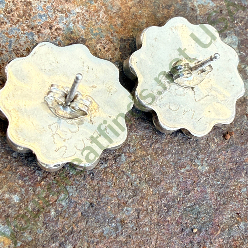 SIgned Zuni Sun God Pierced Post Earrings Inlay Turquoise Jet pierced post earrings