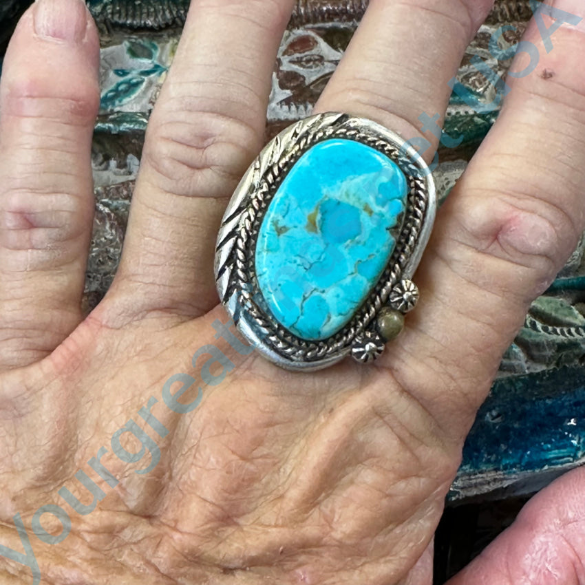 Silver Over Brass Stamp Decorate Natural Turquoise Ring Size 9.5
