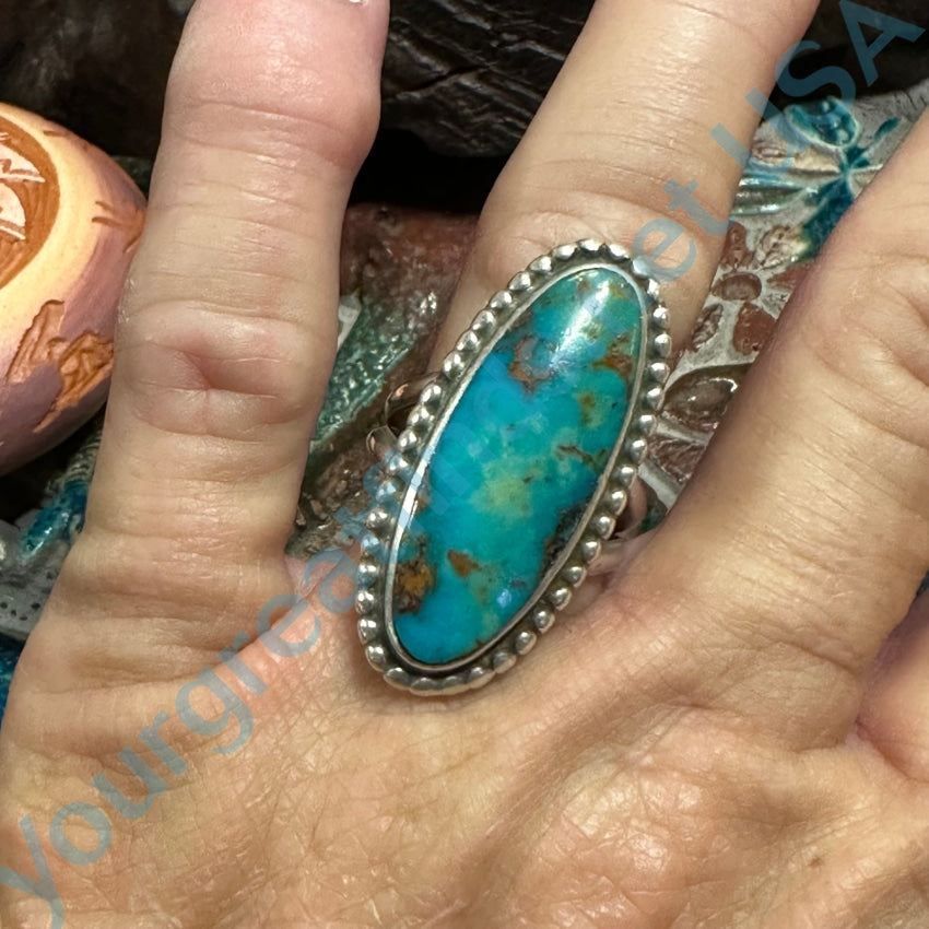 Sky Blue Turquoise Long Ring Sterling Silver Navajo Size 8