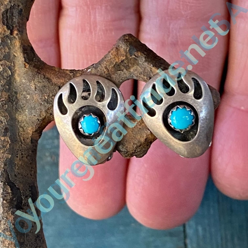 Small Navajo Bear Track Shadowbox Earrings with Turquoise Sterling Yourgreatfinds