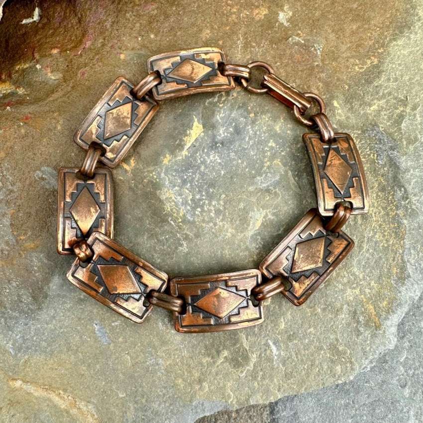 Solid Copper Panel Bracelet With Navajo Rug Design Bracelet