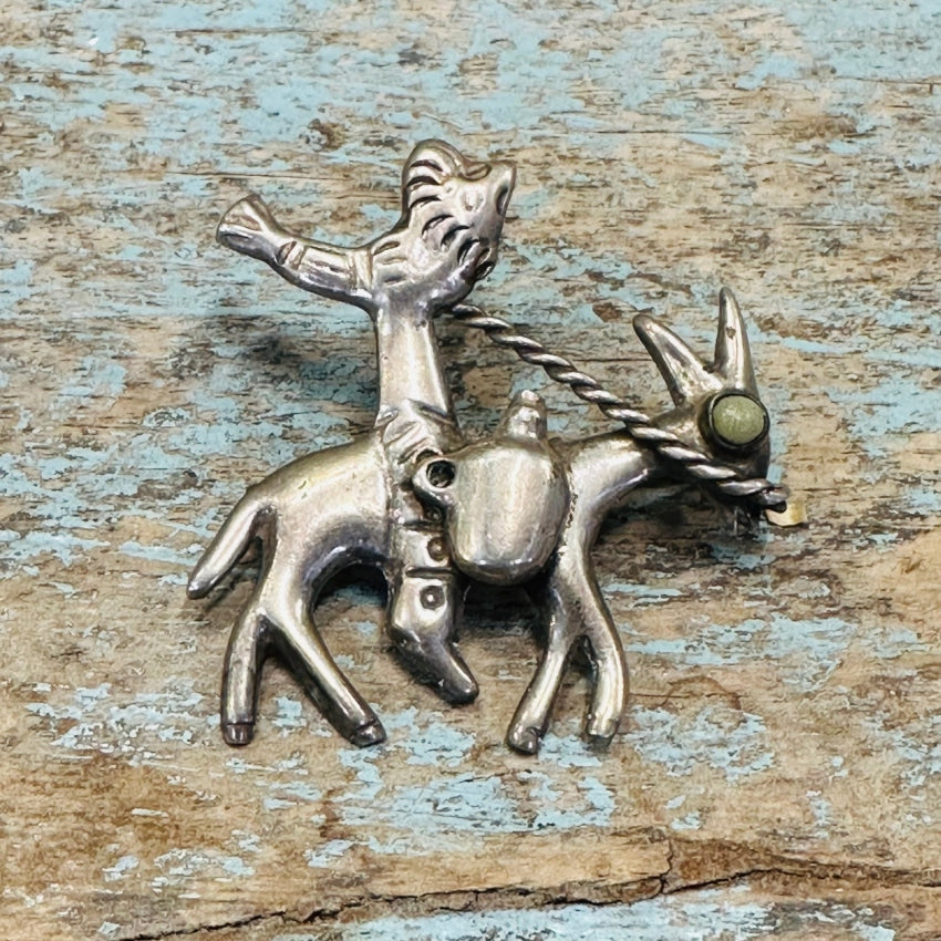 Solid Sterling Silver Burro & Rider Pin Turquoise Mexico