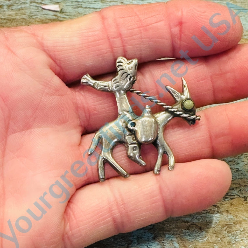 Solid Sterling Silver Burro & Rider Pin Turquoise Mexico