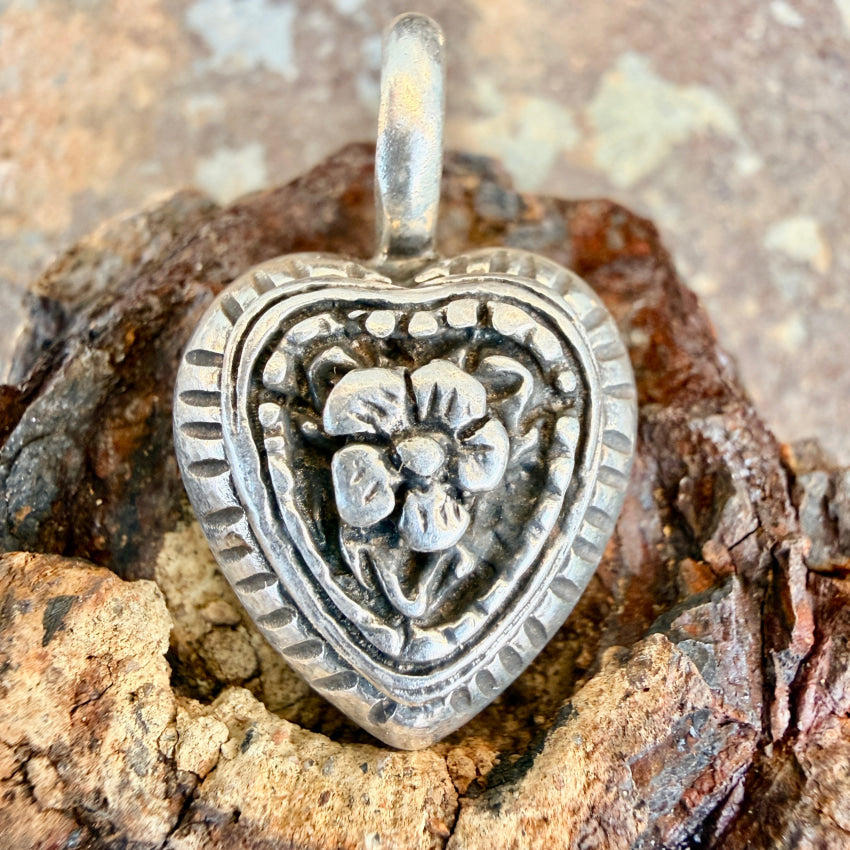 Solid Sterling Silver Puffy Heart Floral Pendant pendant