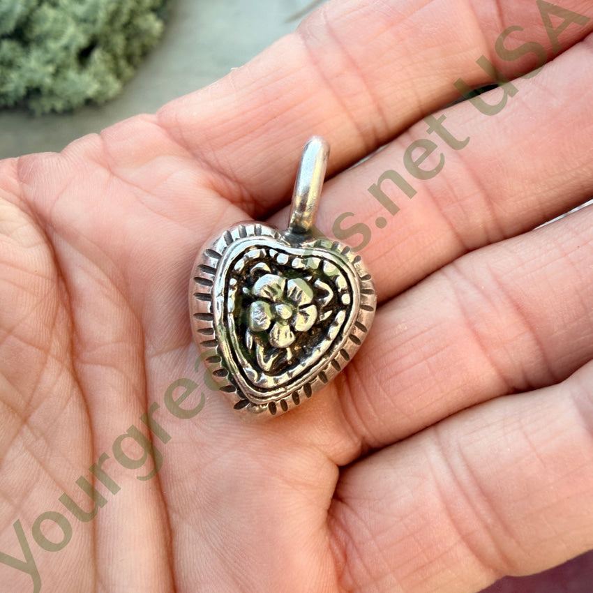 Solid Sterling Silver Puffy Heart Floral Pendant pendant