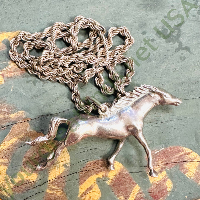 Solid Sterling Silver Running Horse Pendant Chain Necklace