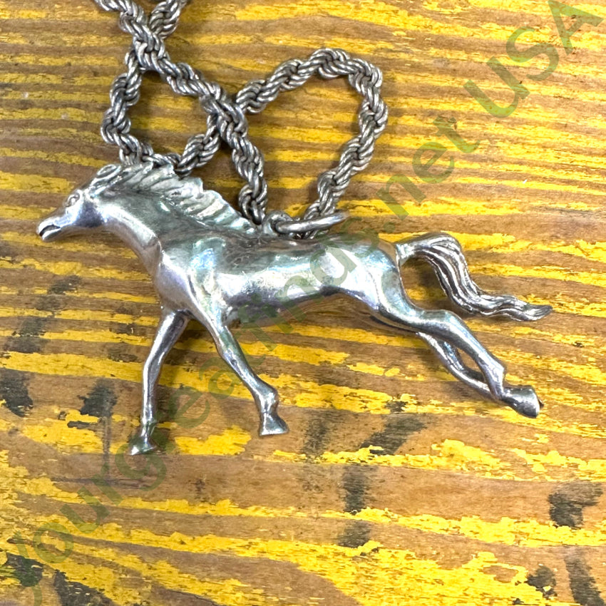 Solid Sterling Silver Running Horse Pendant Chain Necklace