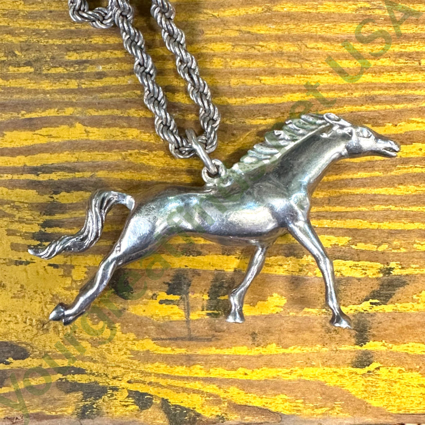 Solid Sterling Silver Running Horse Pendant Chain Necklace