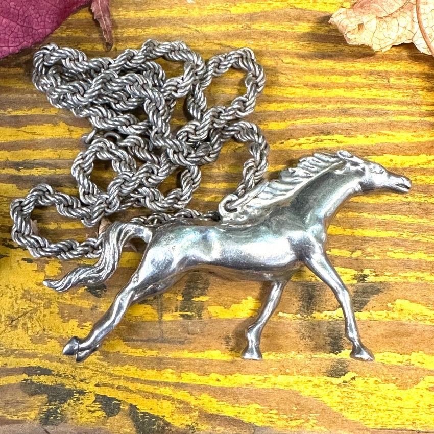 Solid Sterling Silver Running Horse Pendant Chain Necklace