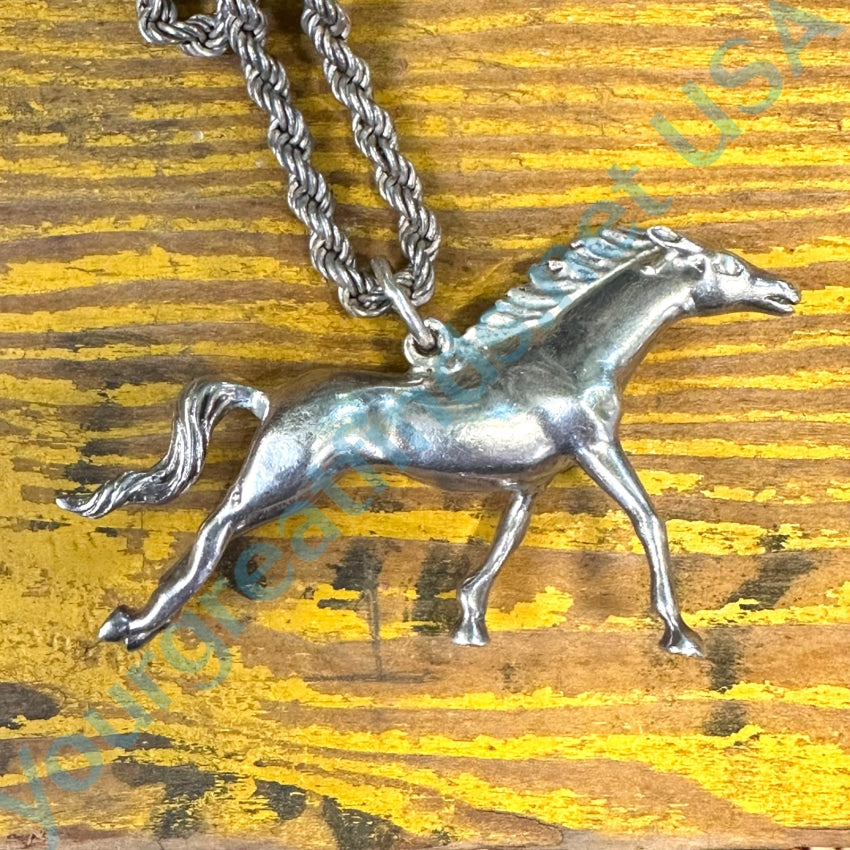 Solid Sterling Silver Running Horse Pendant Chain Necklace