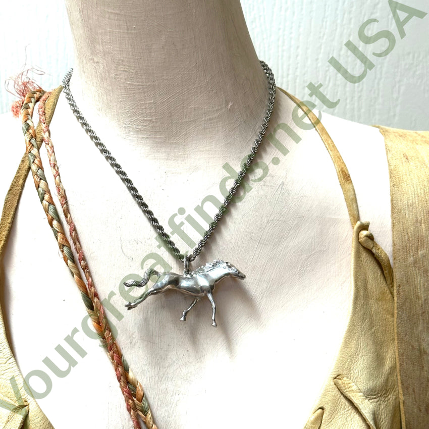 Solid Sterling Silver Running Horse Pendant Chain Necklace