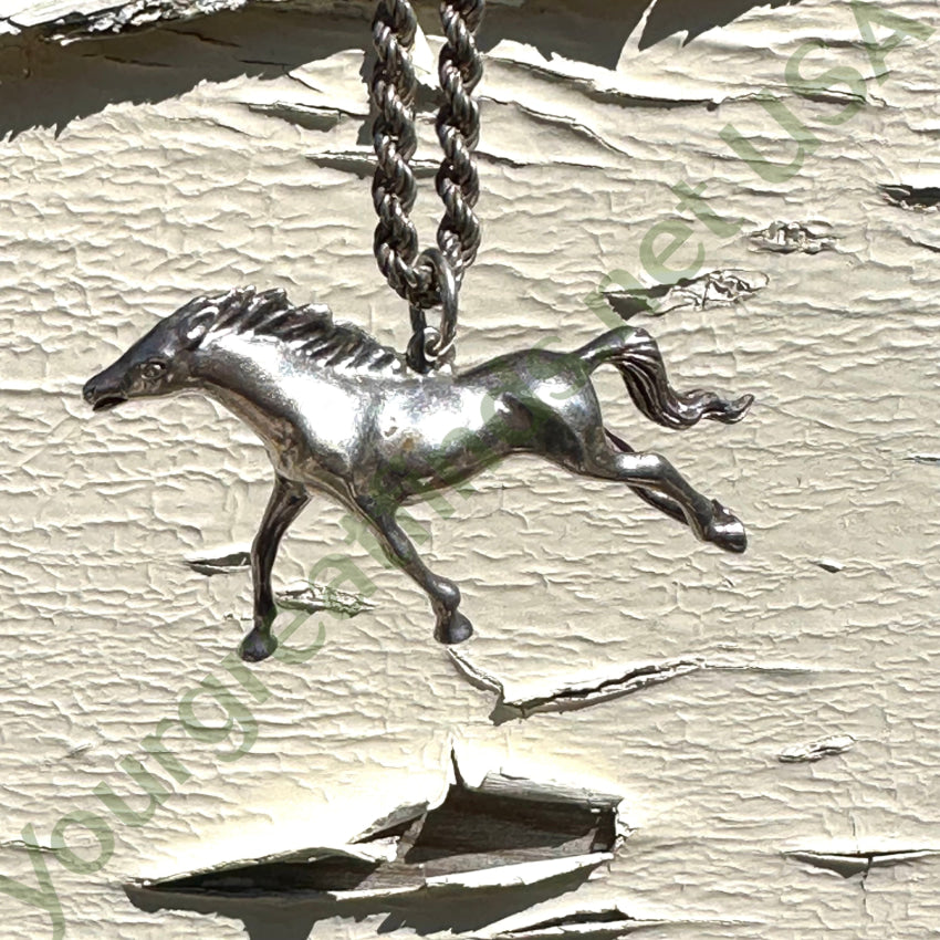 Solid Sterling Silver Running Horse Pendant Chain Necklace