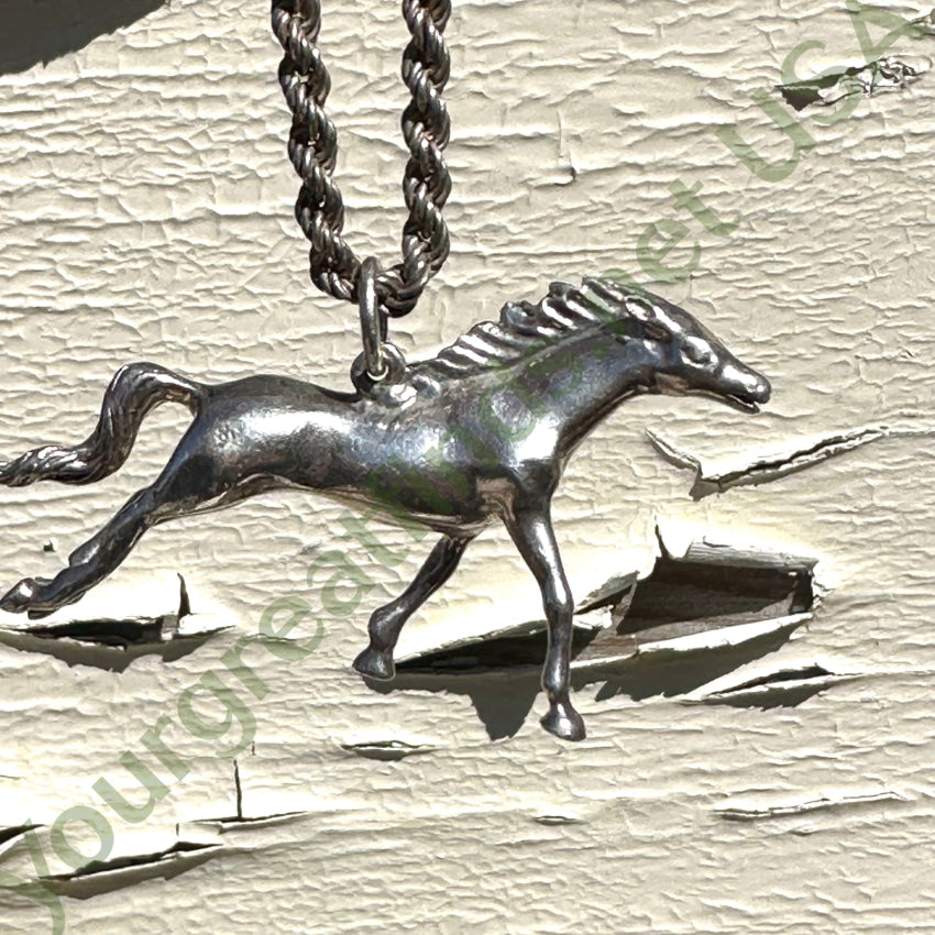 Solid Sterling Silver Running Horse Pendant Chain Necklace