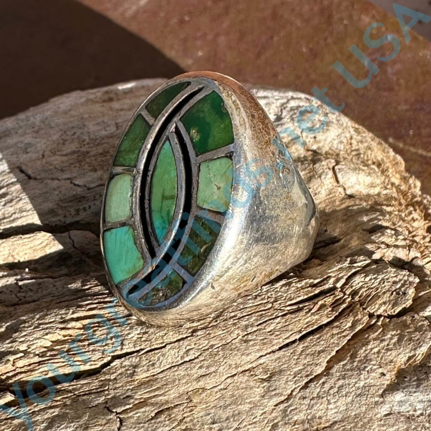 Solid Sterling Silver Zuni Signet Ring Inlay Turquoise Size 10