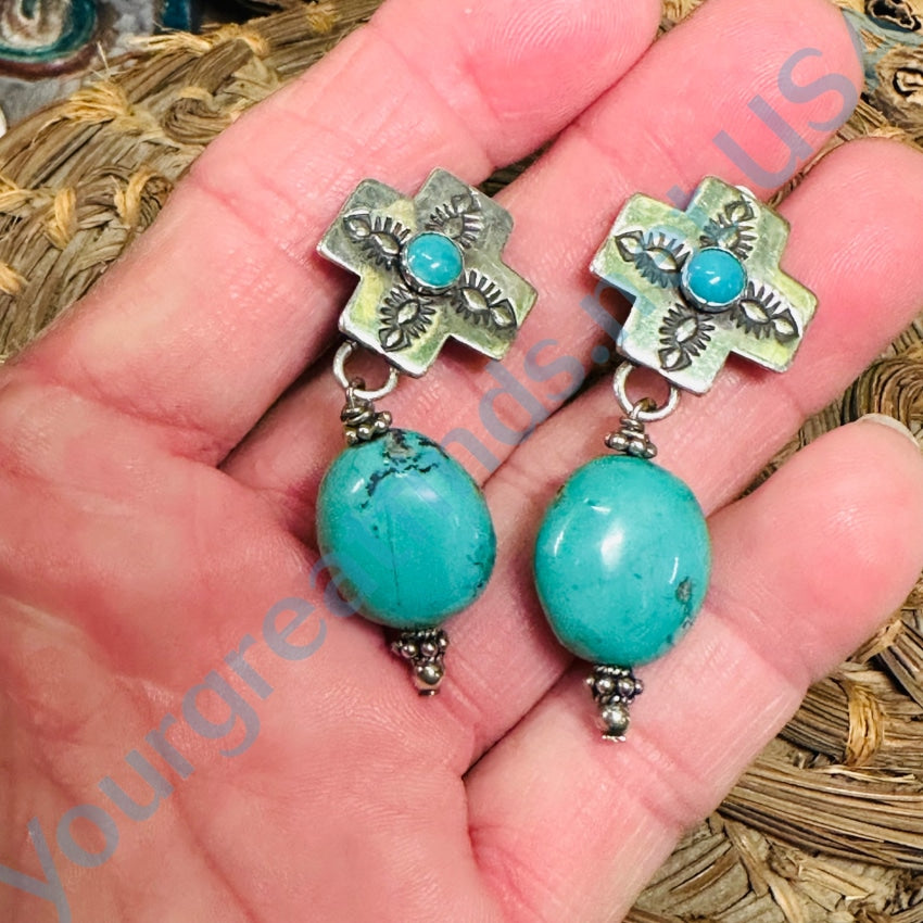 Southwestern Cross Sterling Silver Turquoise Clip On Earrings