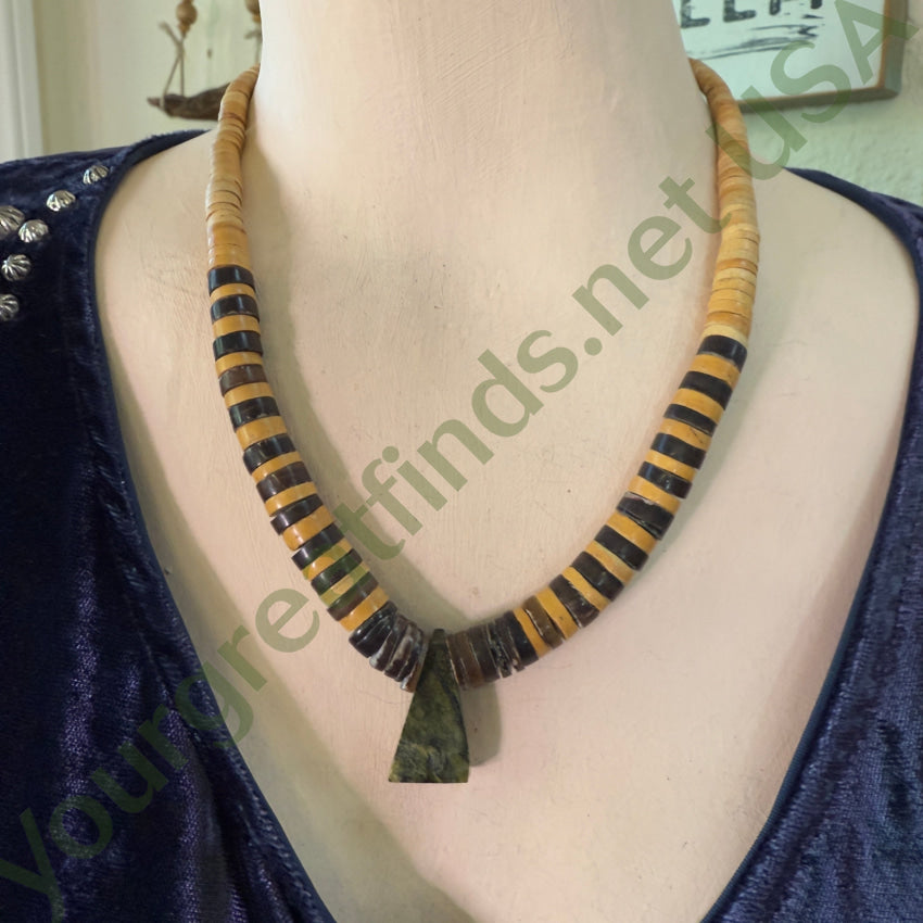 Southwestern Heishi Bead Necklace Channel Inlay Pendant Necklace