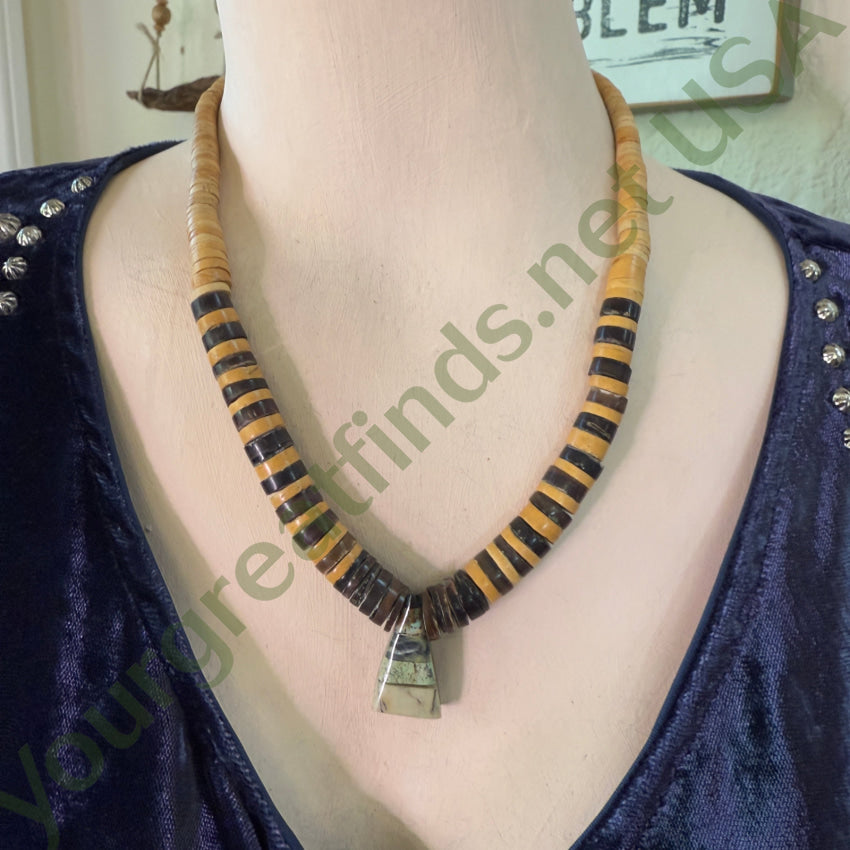 Southwestern Heishi Bead Necklace Channel Inlay Pendant Necklace