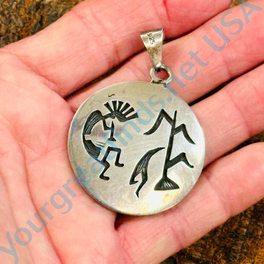 Southwestern Kokopelli & Corn Sterling Silver Overlay Pendant Mexico Pendant