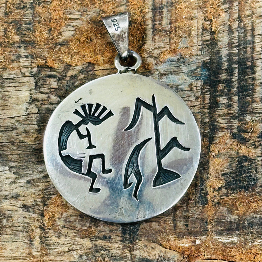 Southwestern Kokopelli & Corn Sterling Silver Overlay Pendant Mexico Pendant