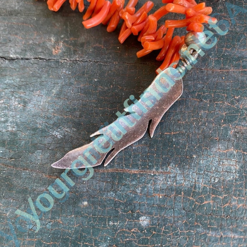 Southwestern One Feather Necklace Red C0ral Sterling Silver Yourgreatfinds