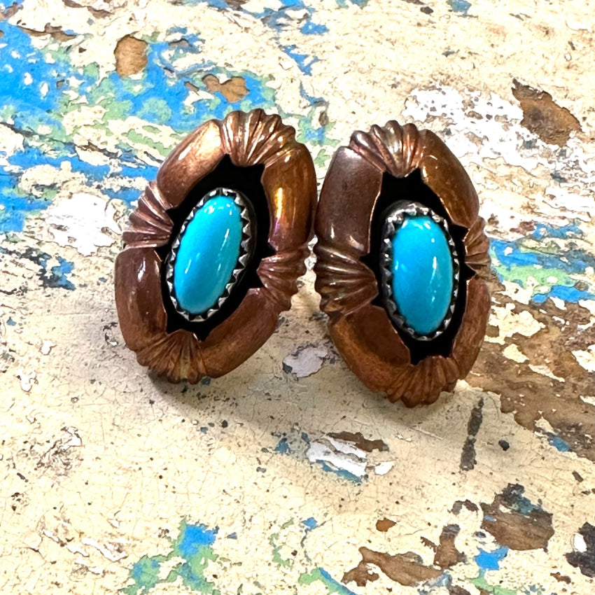 Southwestern Solid Copper &amp; Turquoise Pierced Earrings