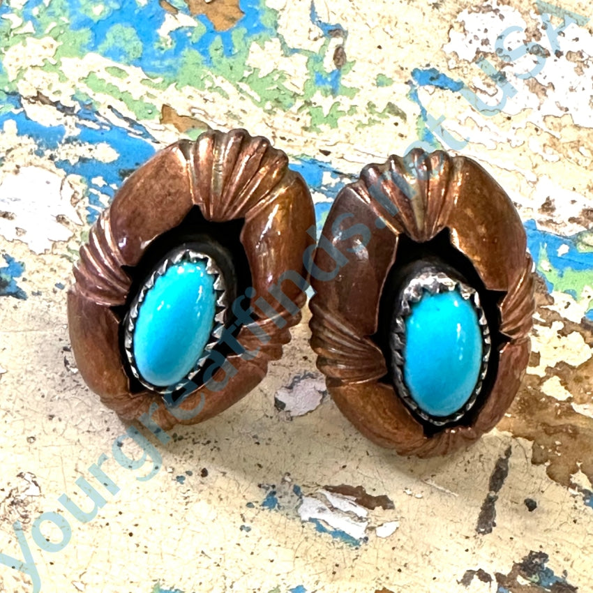 Southwestern Solid Copper &amp; Turquoise Pierced Earrings