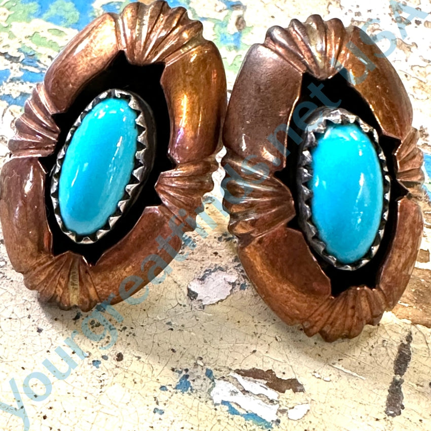 Southwestern Solid Copper & Turquoise Pierced Earrings