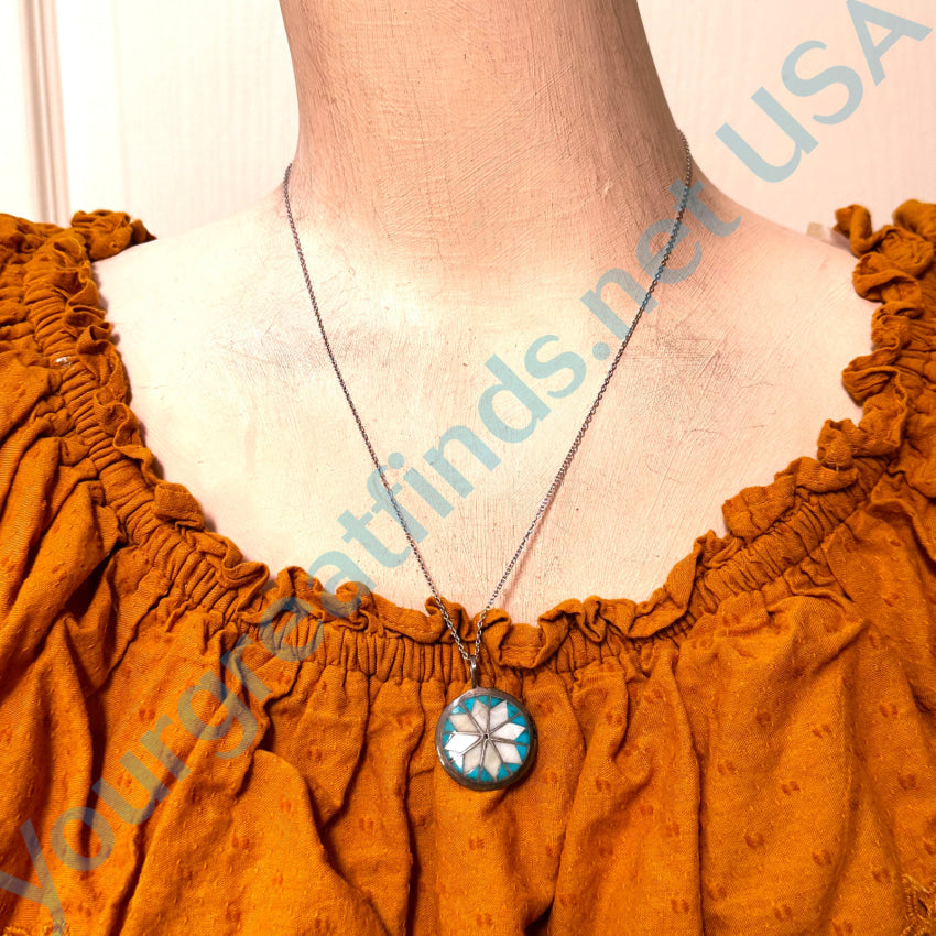 Southwestern Sterling Silver Channel Inlay Turquoise Mop Necklace Necklace