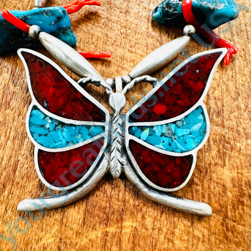 Southwestern Sterling Silver Chip Mosaic Butterfly Necklace