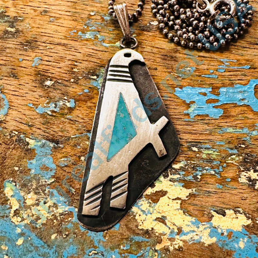 Southwestern Sterling Silver Inlay Turquoise Bird Pendant & Chain Necklace Necklace