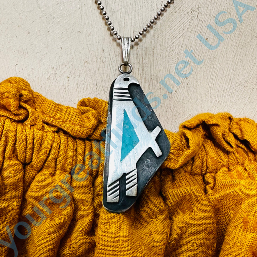 Southwestern Sterling Silver Inlay Turquoise Bird Pendant & Chain Necklace Necklace