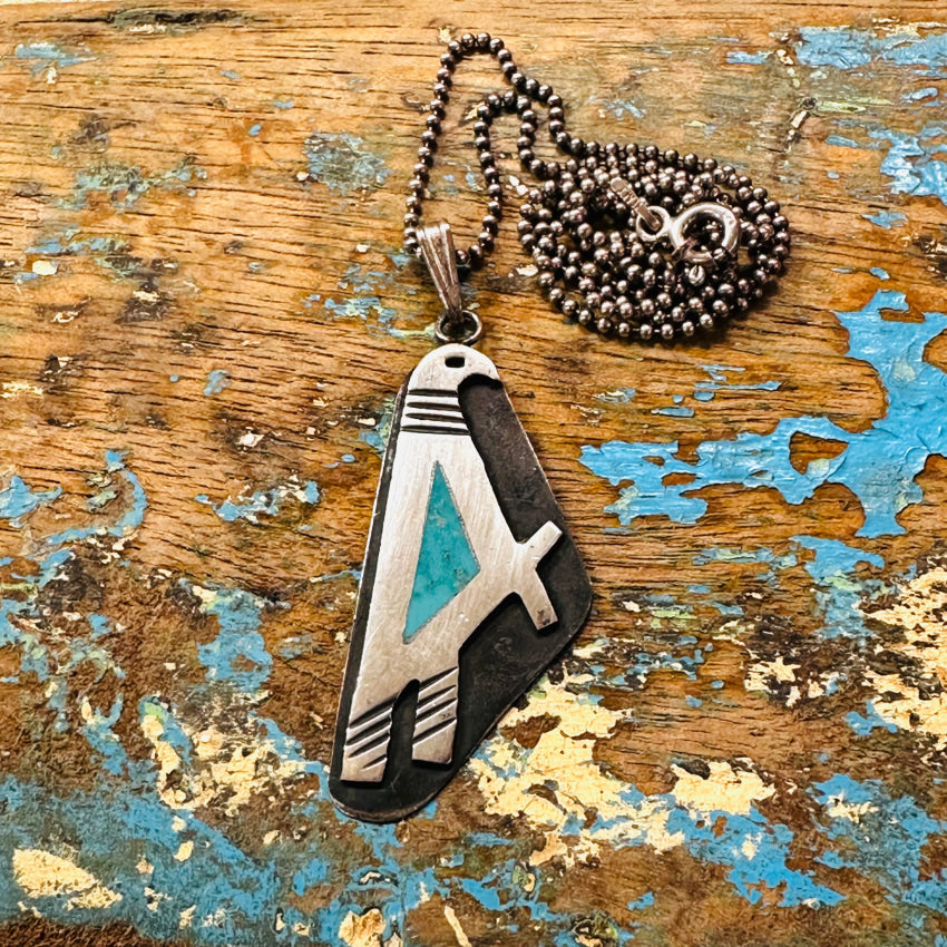 Southwestern Sterling Silver Inlay Turquoise Bird Pendant & Chain Necklace Necklace