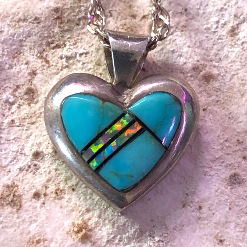 Southwestern Sterling Silver Inlay Turquoise Opal Heart Necklace Necklace