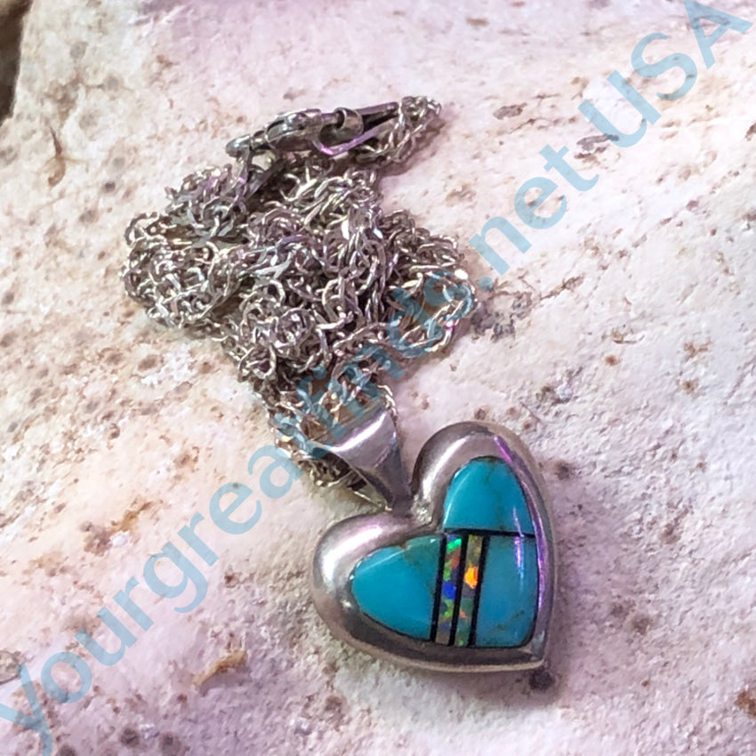 Southwestern Sterling Silver Inlay Turquoise Opal Heart Necklace Necklace