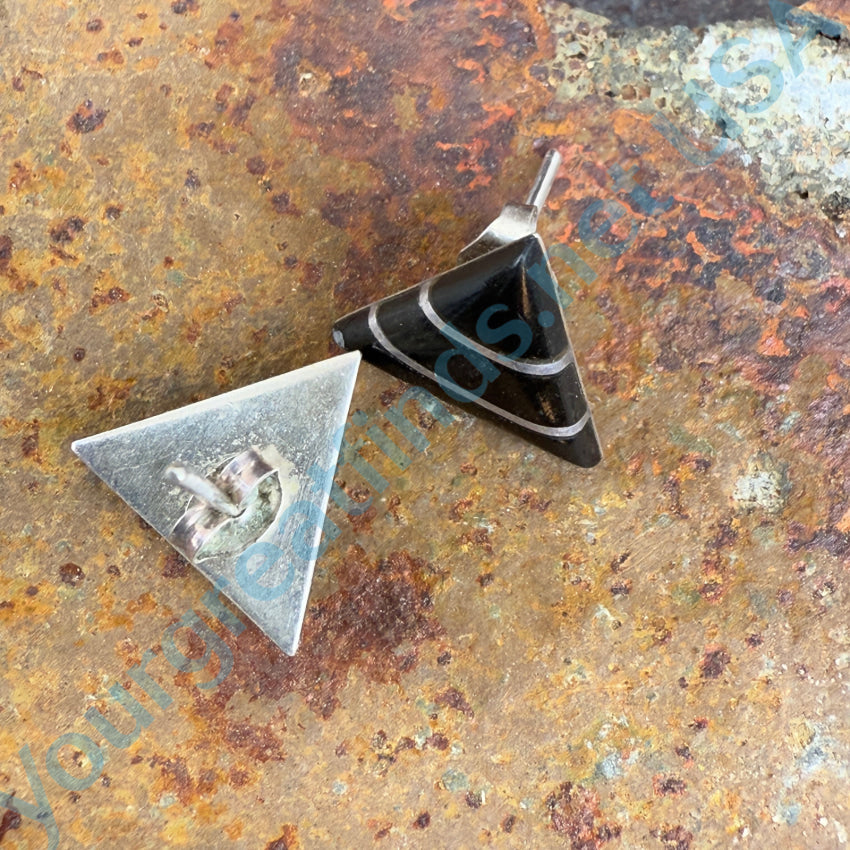 Southwestern Sterling Silver Jet Triangle Pierced Post Earrings Earrings