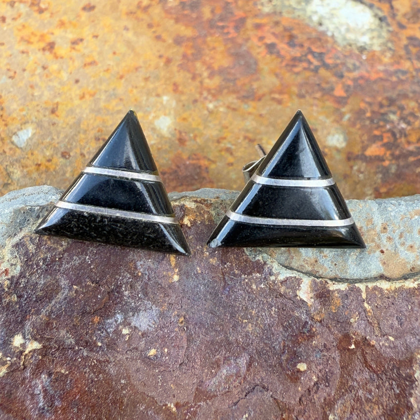 Southwestern Sterling Silver Jet Triangle Pierced Post Earrings Earrings