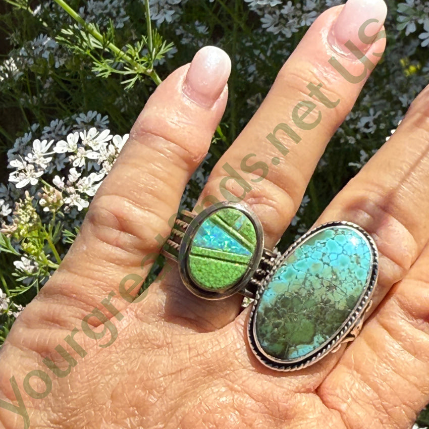 Southwestern Sterling Silver Opal & Green Turquoise Ring Size 9 ring