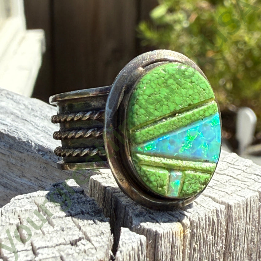 Southwestern Sterling Silver Opal & Green Turquoise Ring Size 9 ring