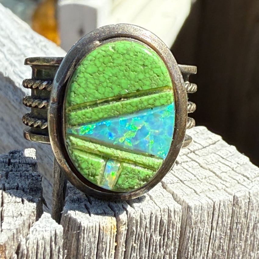 Southwestern Sterling Silver Opal & Green Turquoise Ring Size 9 ring