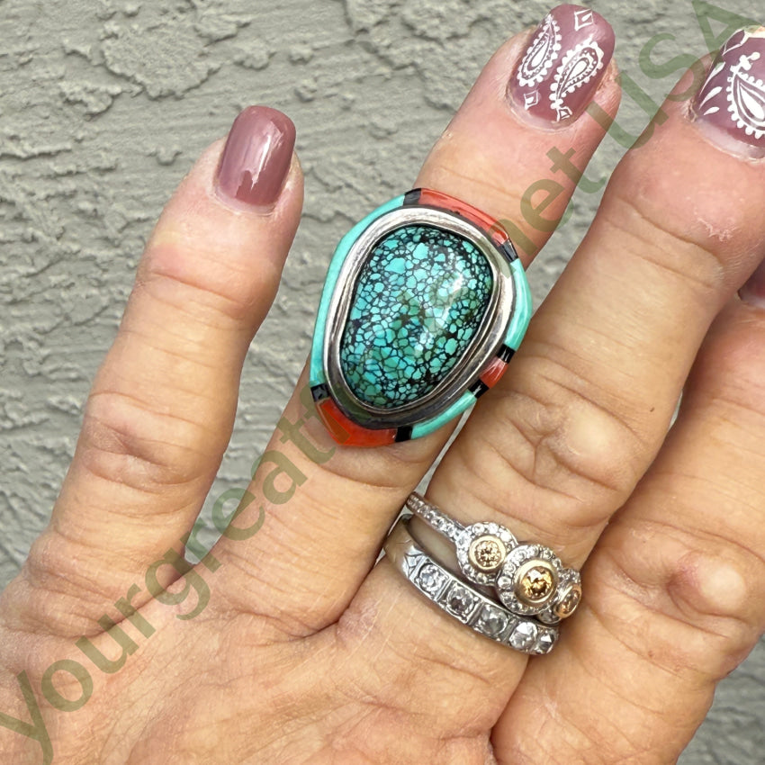 Southwestern Sterling Silver Spider Web Turquoise & Coral Ring Size 6 ring