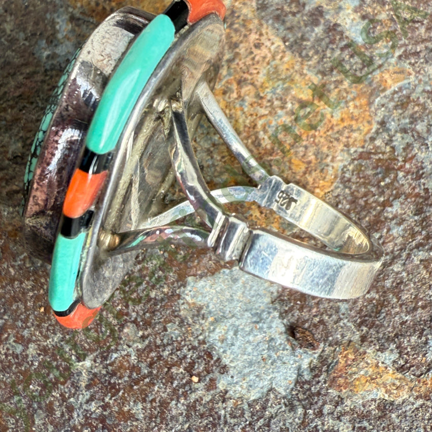 Southwestern Sterling Silver Spider Web Turquoise & Coral Ring Size 6 ring