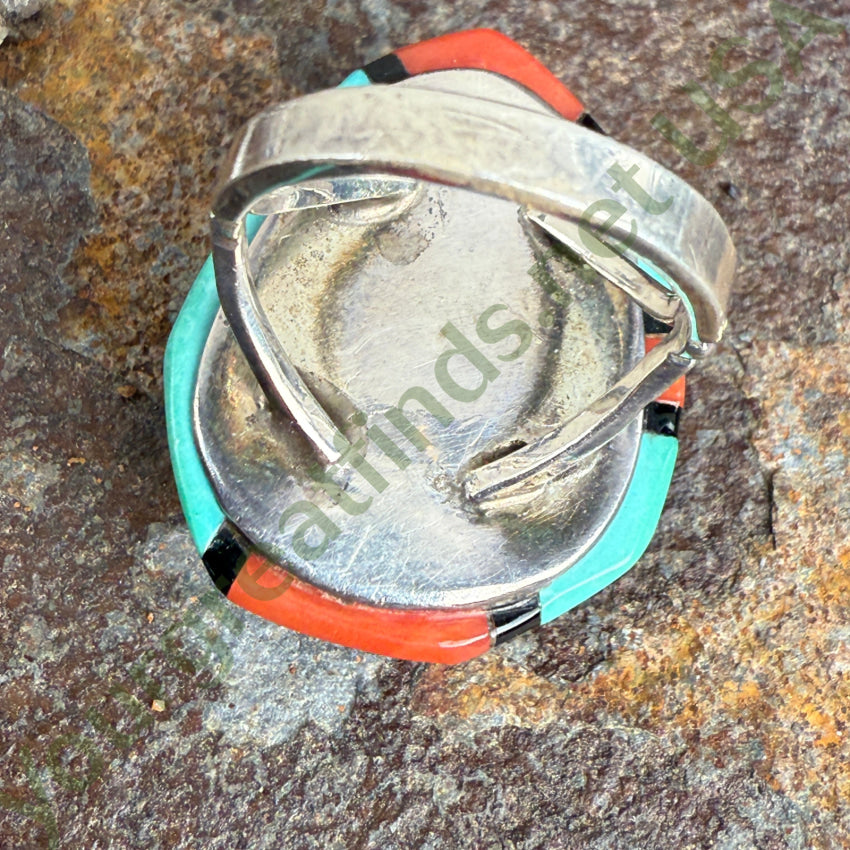 Southwestern Sterling Silver Spider Web Turquoise & Coral Ring Size 6 ring
