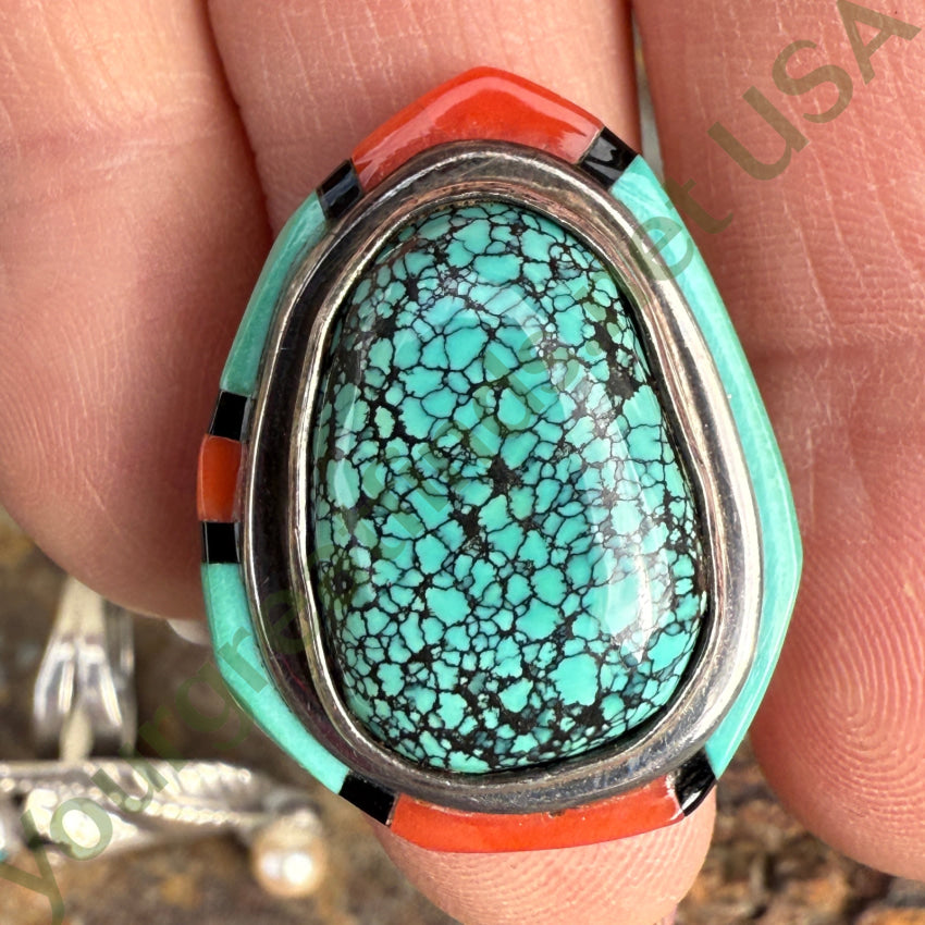 Southwestern Sterling Silver Spider Web Turquoise & Coral Ring Size 6 ring