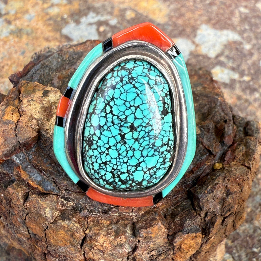 Southwestern Sterling Silver Spider Web Turquoise & Coral Ring Size 6 ring