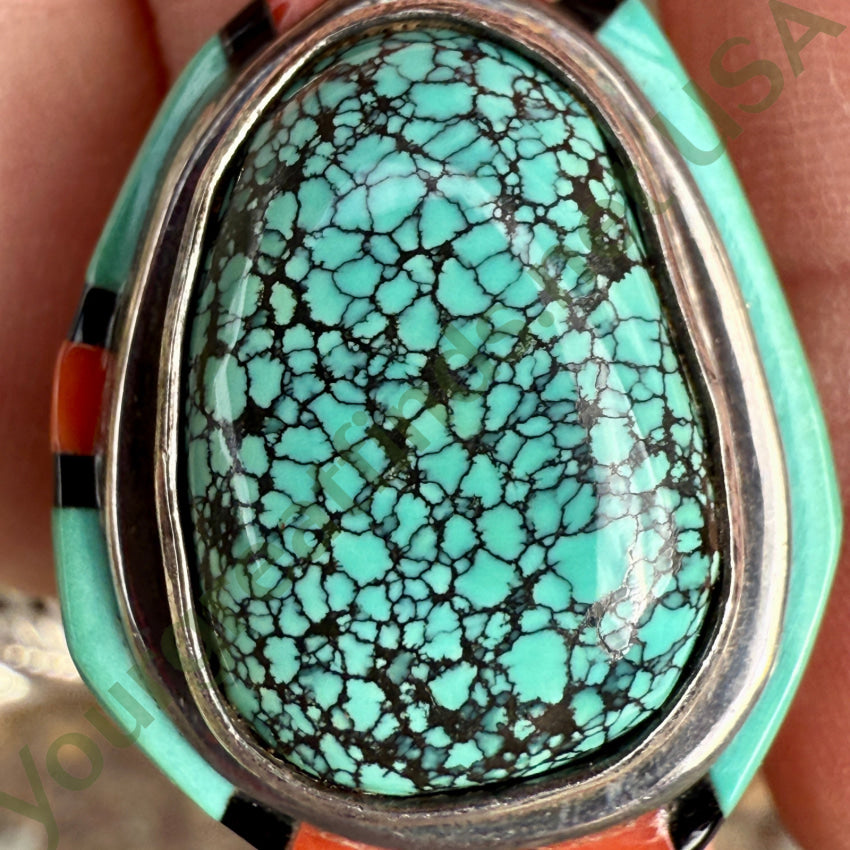Southwestern Sterling Silver Spider Web Turquoise & Coral Ring Size 6 ring