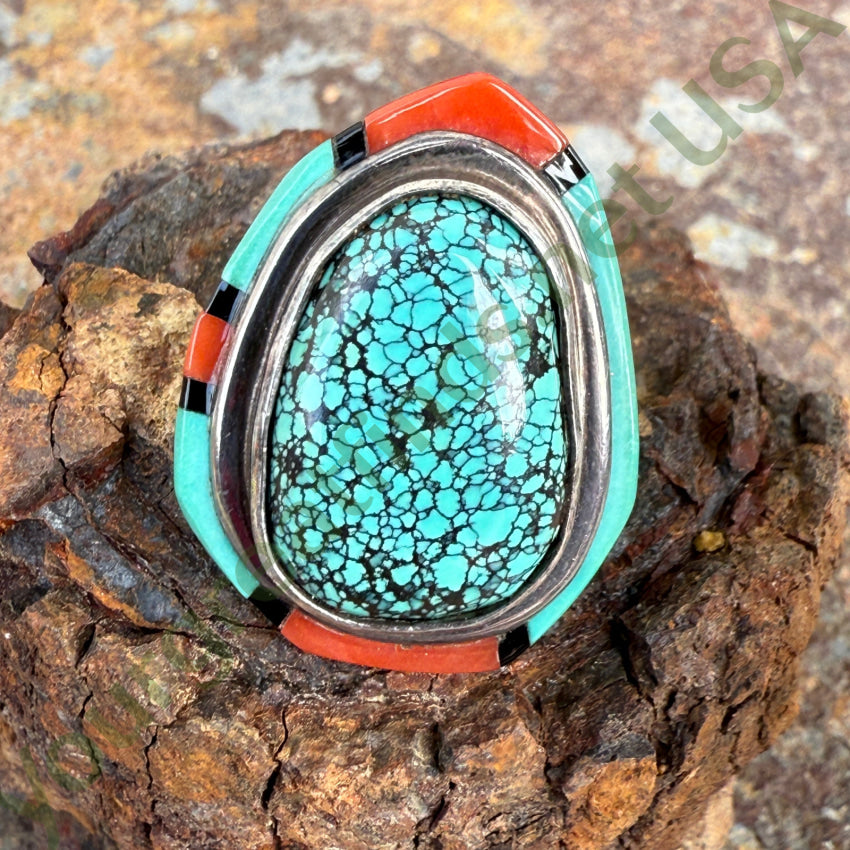 Southwestern Sterling Silver Spider Web Turquoise & Coral Ring Size 6 ring