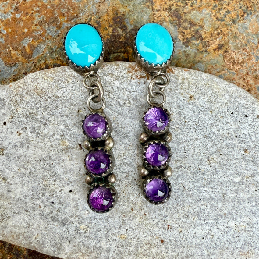 Southwestern Sterling Silver Turquoise & Amethyst Pierced Post Earrings Earrings